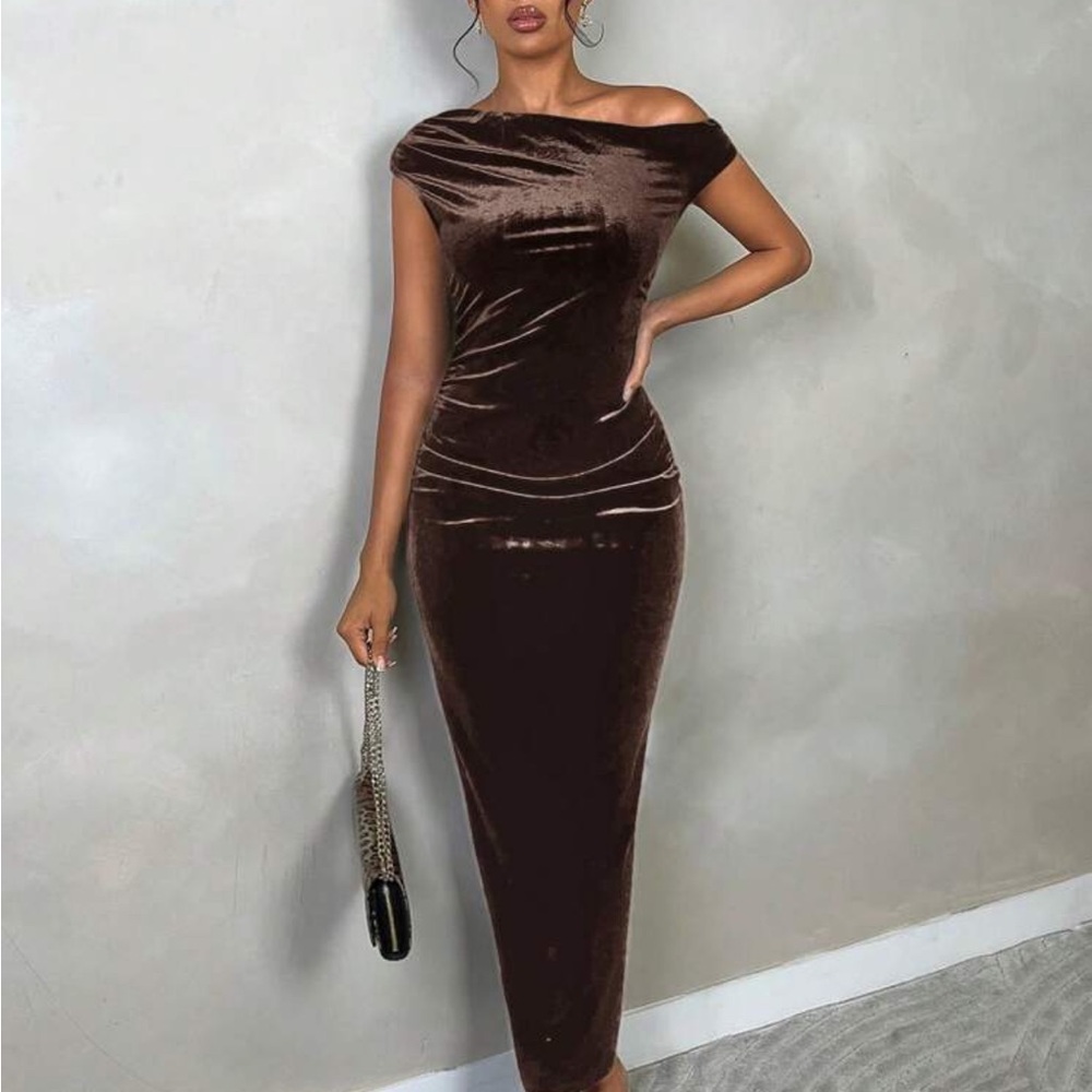 SHEIN BAE Velvet Asymmetrical Ruched Bodycon Maxi Dress Brown - Size XS